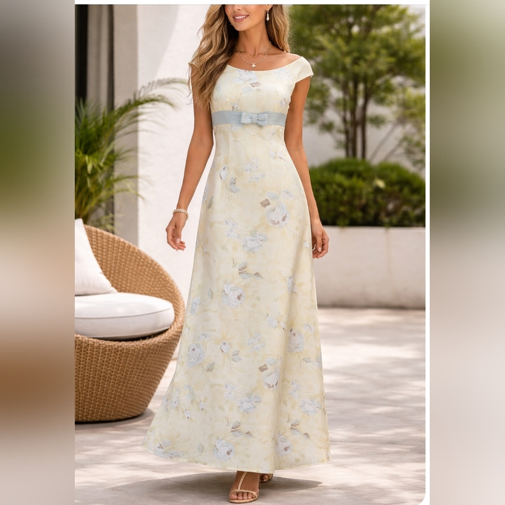 Watters and Watters full length pale yellow dress, empire style, cap sleeves